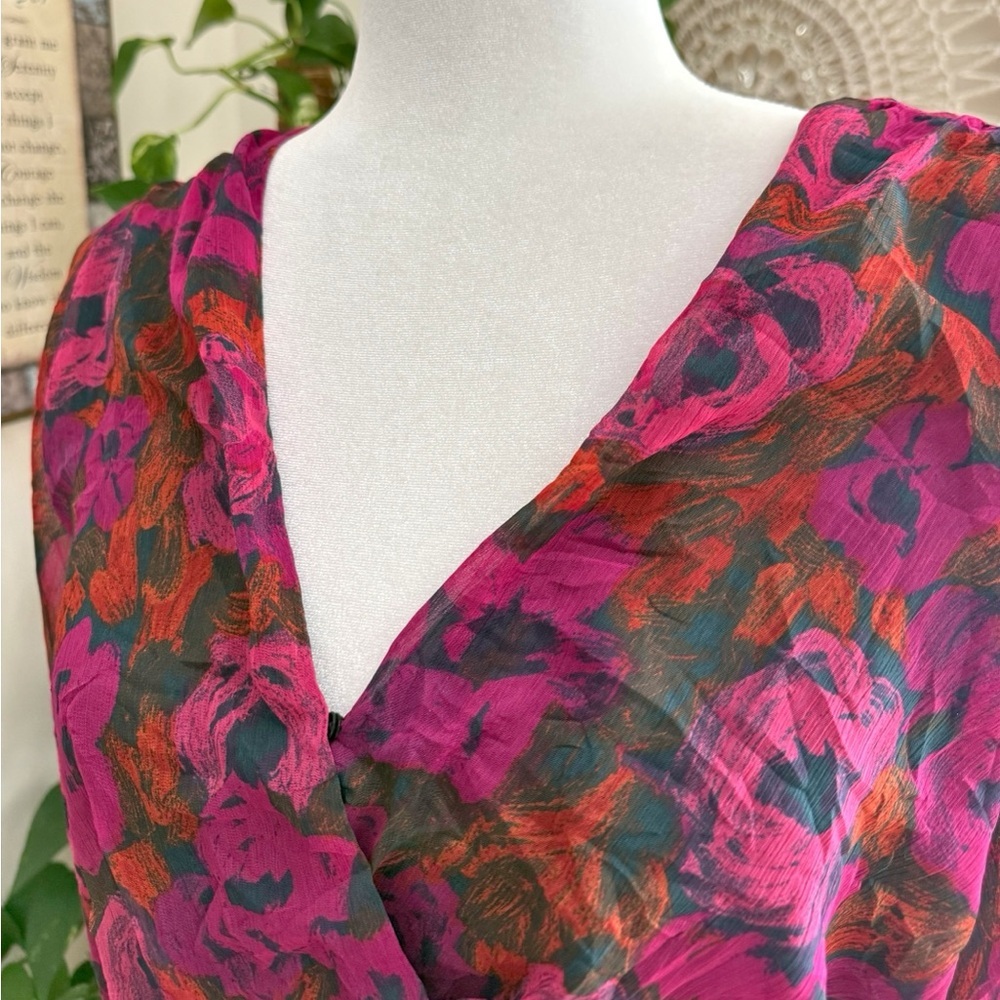 Esqualo Fuchsia Dress Chiffon Floral Wrap Ruffled Layered Balloon Sleeves Size 8 - Picture 7 of 10